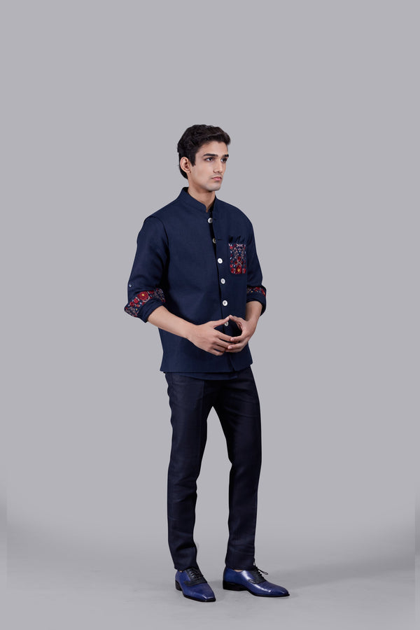 NAVY BLUE LINEN EMBROIDERY WORK NEHRU JACKET