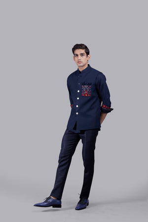 NAVY BLUE LINEN EMBROIDERY WORK NEHRU JACKET