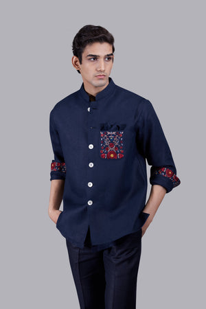 NAVY BLUE LINEN EMBROIDERY WORK NEHRU JACKET