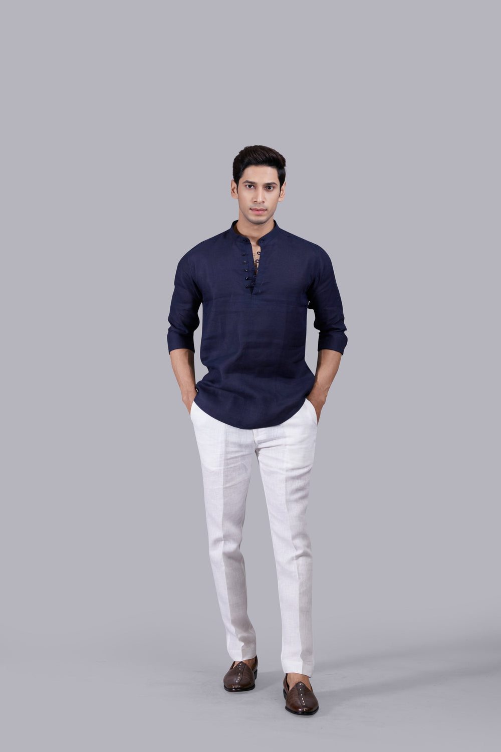 NAVY BLUE LINEN PLAIN KURTA