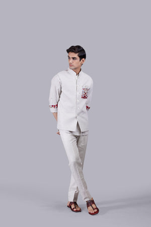 BEIGE LINEN EMBROIDERY WORK NEHRU JACKET