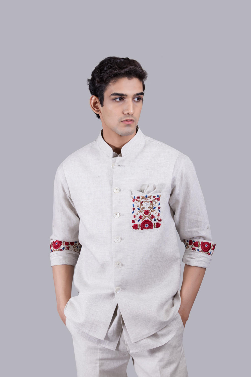 BEIGE LINEN EMBROIDERY WORK NEHRU JACKET