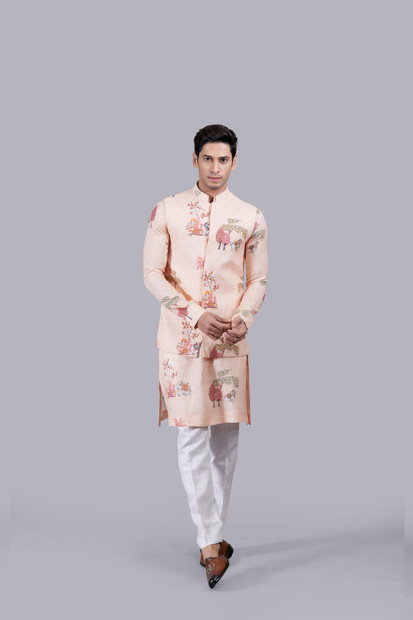 PEACH LINEN THREAD WORK BUNDI SET