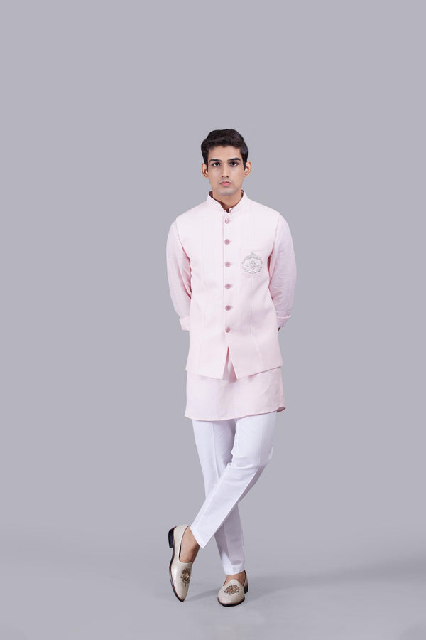 PINK LINEN ZARDOSI WORK BUNDI SET