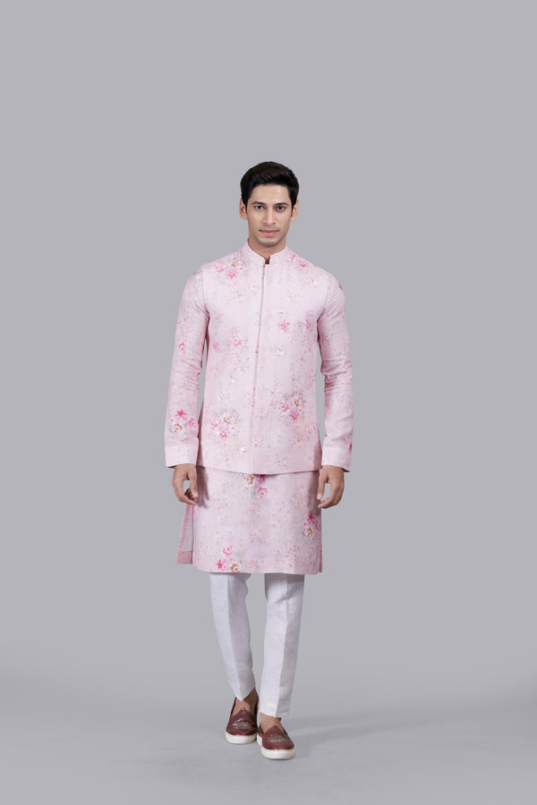 PINK LINEN THREAD WORK BUNDI SET