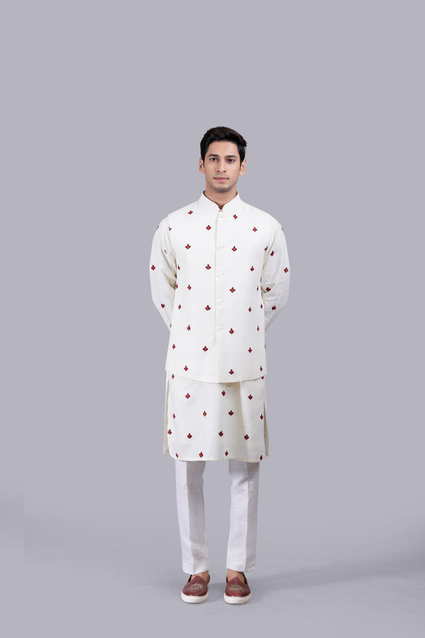 CREAM LINEN HAND HAND RESHAM WORK BUNDI SET