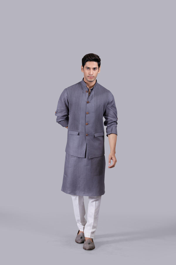 GREY LINEN PLAIN BUNDI SET