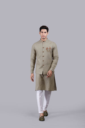 PISTACHIO LINEN WOODEN BROOCH BUNDI SET