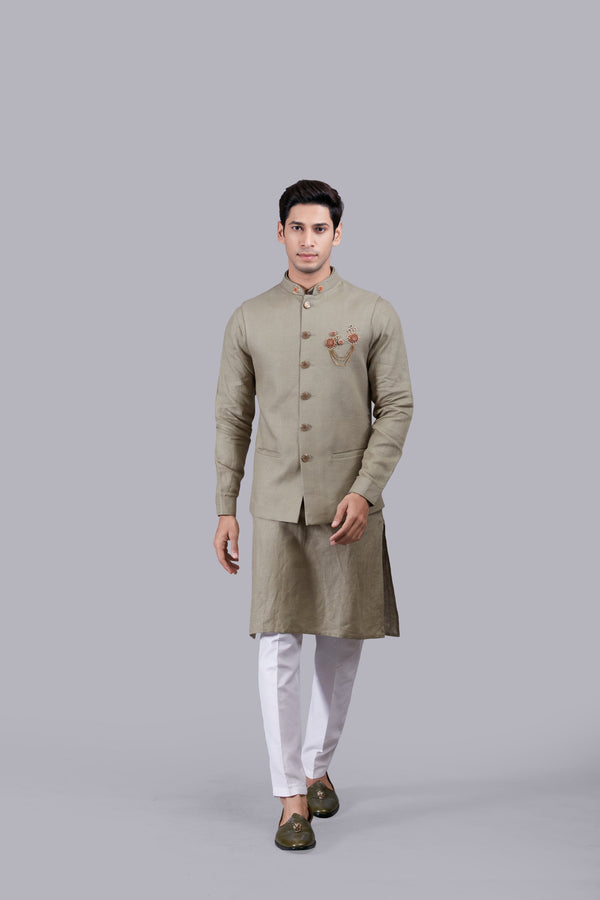 PISTACHIO LINEN WOODEN BROOCH BUNDI SET