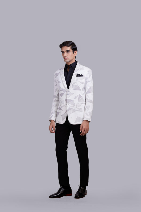 WHITE KNITTED LYCRA PRINTED BLAZER