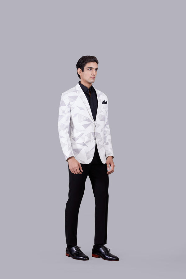 WHITE KNITTED LYCRA PRINTED BLAZER