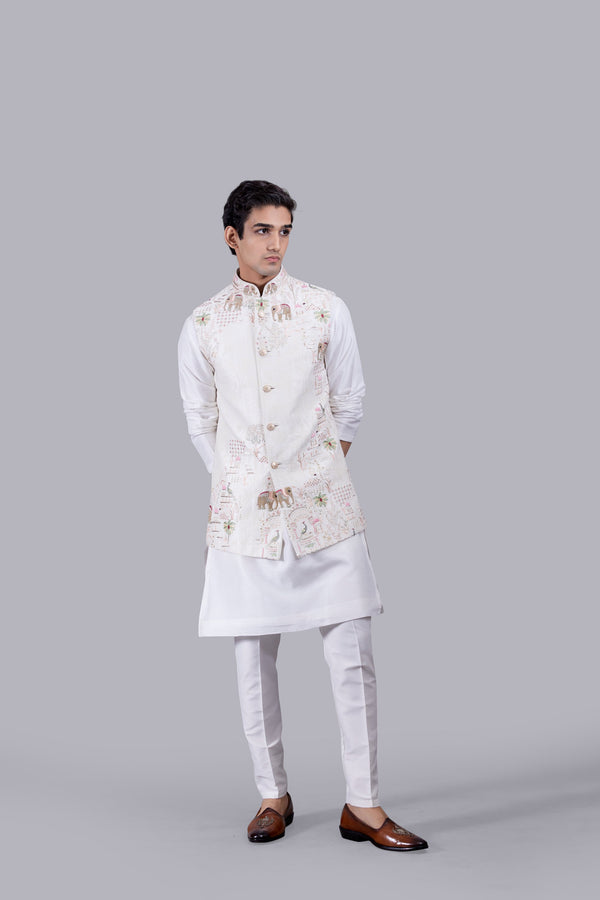 OFF WHITE CHANDERI SILK THREAD WORK BUNDI SET