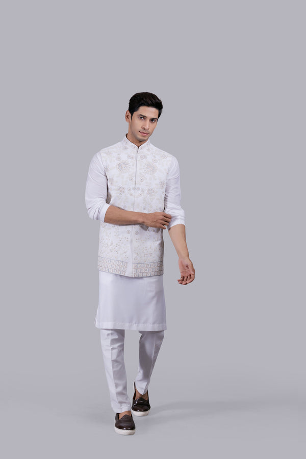 WHITE RAYON SILK THREAD WORK BUNDI SET