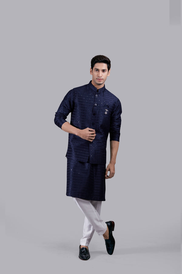 NAVY BLUE SILK SEQUENCE WORK BUNDI SET