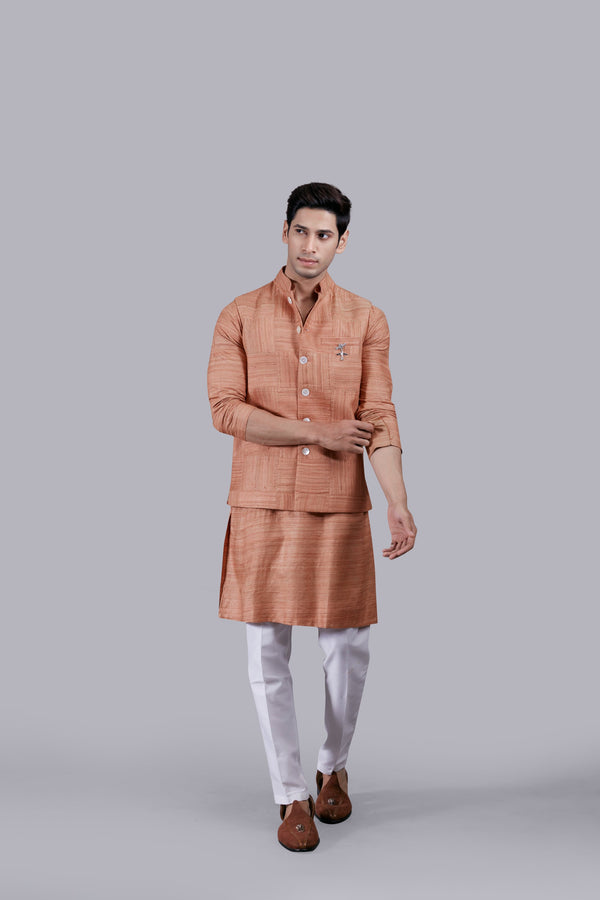 RUST KHADI SILK PLAIN BUNDI SET