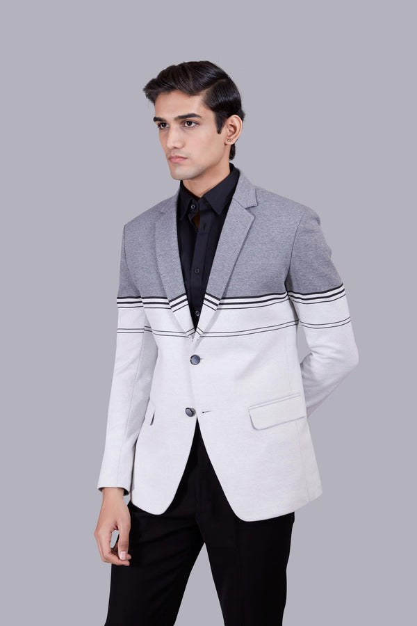 WHITE KNITTEDD LYCRAS PRINTED BLAZER