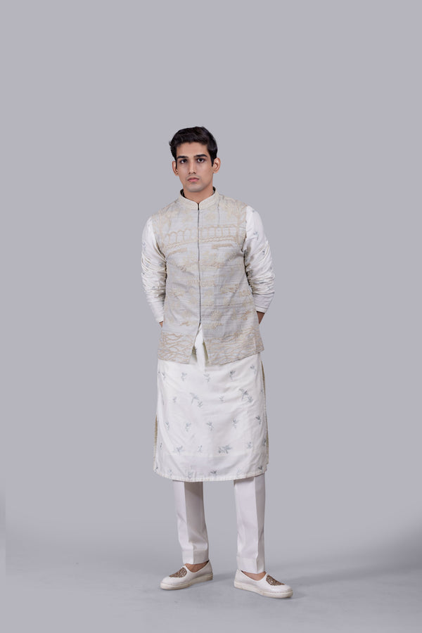 OFF WHITE CHANDERI SILK THREAD WORK BUNDI SET