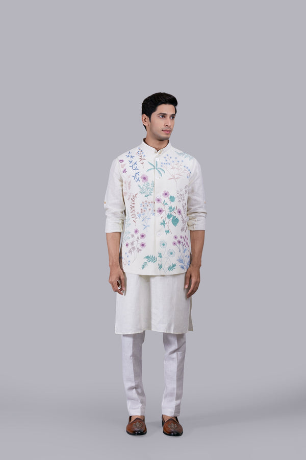 CREAM LINEN EMBROIDERY WORK BUNDI SET