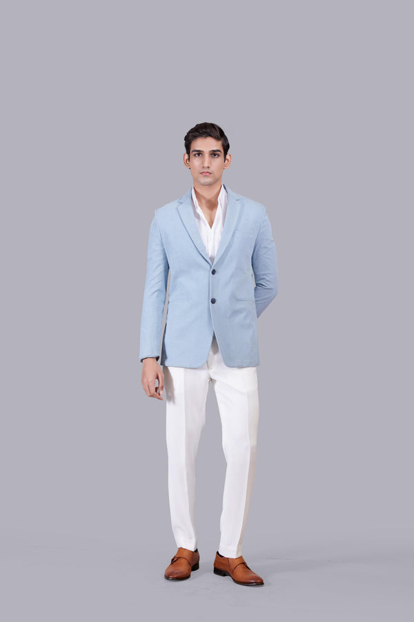 SKY BLUE KNITTED LYCRA PLAIN BLAZER