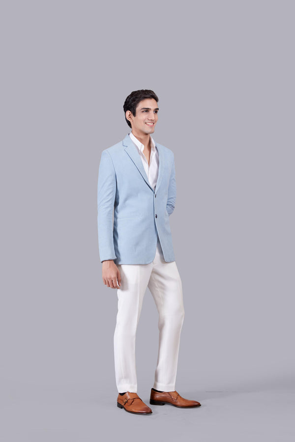 SKY BLUE KNITTED LYCRA PLAIN BLAZER