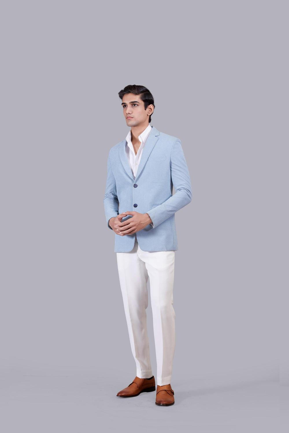 SKY BLUE KNITTED LYCRA PLAIN BLAZER