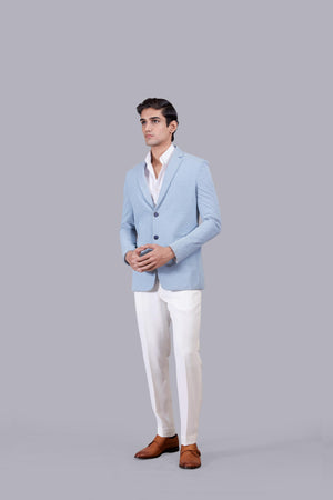 SKY BLUE KNITTED LYCRA PLAIN BLAZER