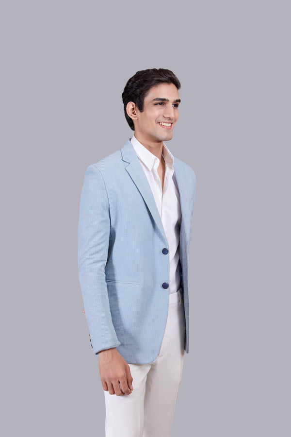 SKY BLUE KNITTED LYCRA PLAIN BLAZER