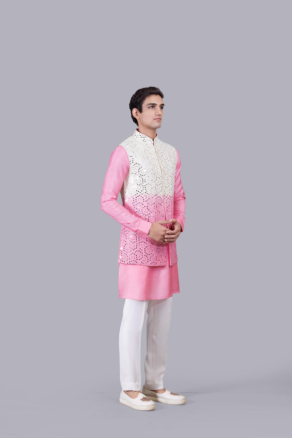 PINK PURE SILK MIRROR WORK BUNDI SET