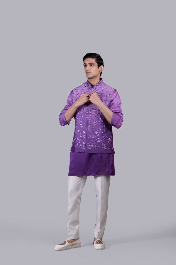 PURPLE SATIN SILK CUTDANA WORK BUNDI SET