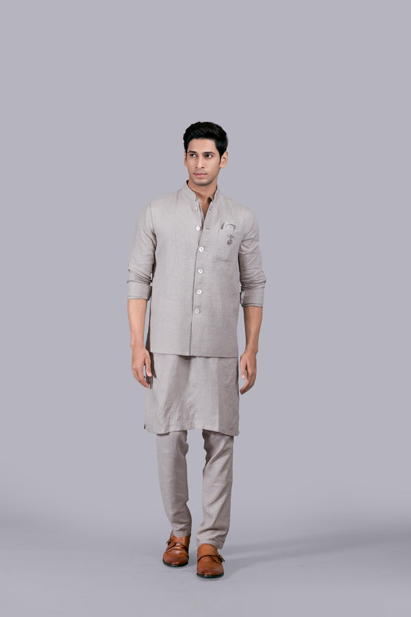 BEIGE LINEN PLAIN BUNDI SET