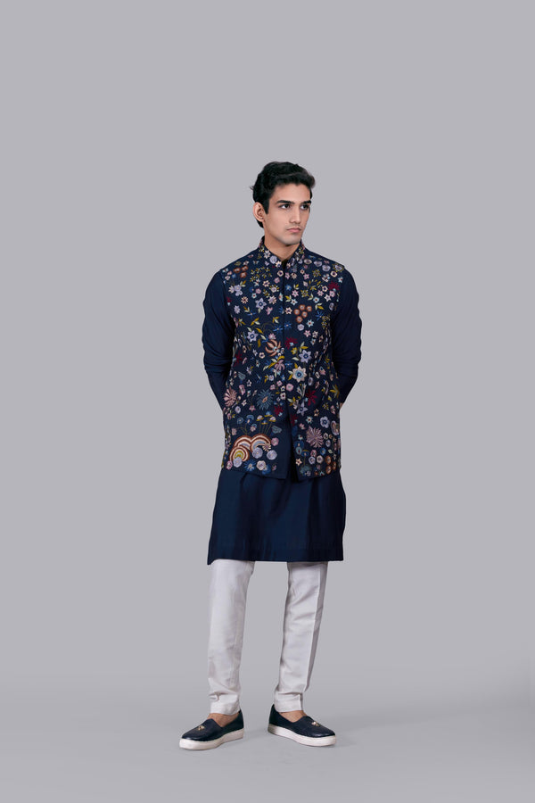 NAVY BLUE SILK EMBROIDERY WORK BUNDI SET