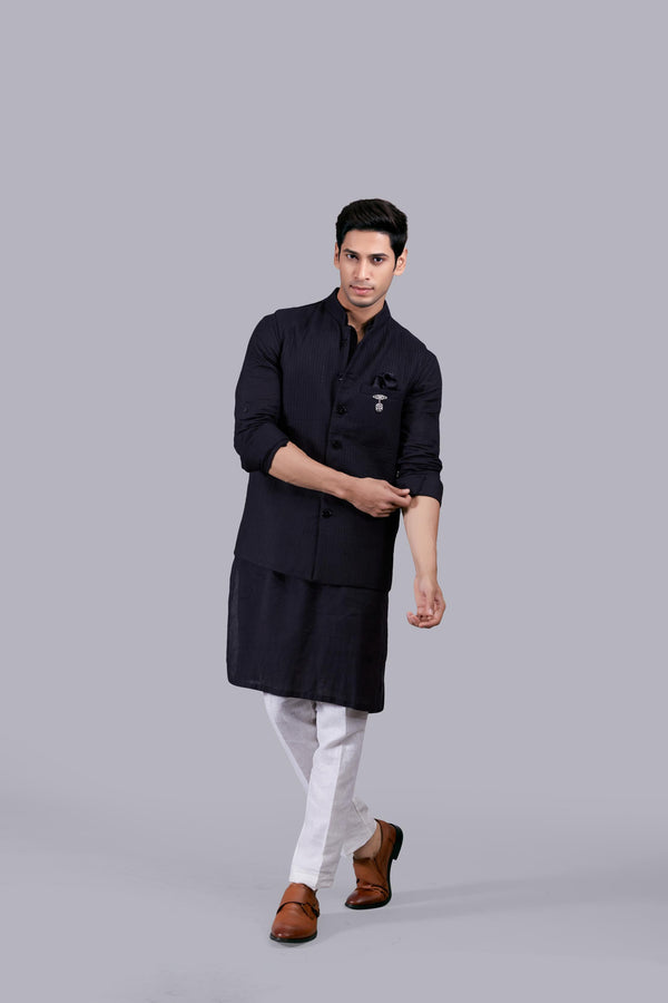 BLACK LINEN PLAIN BUNDI SET