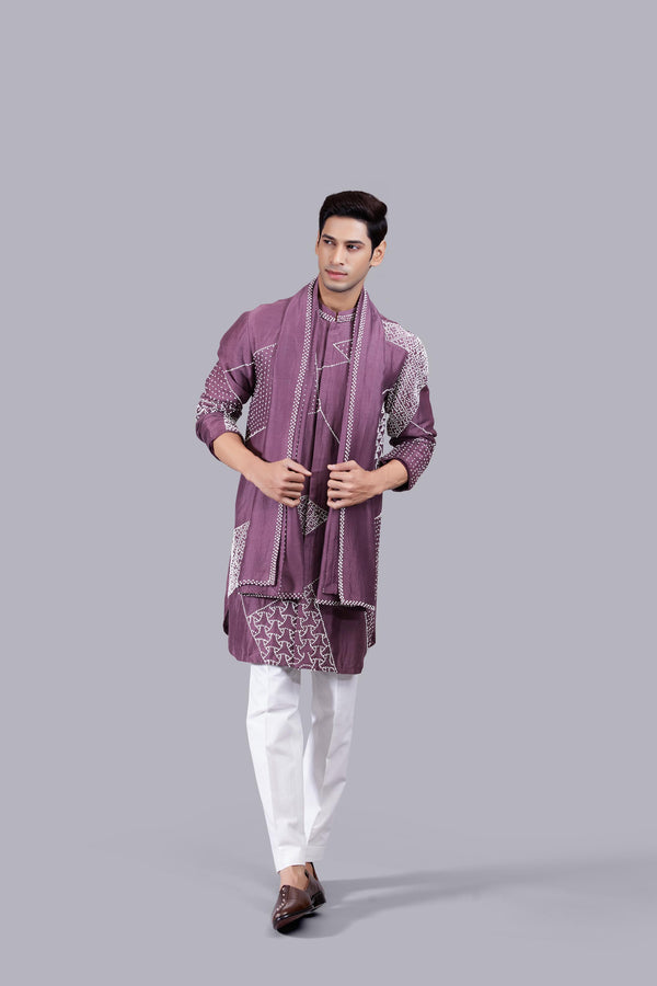 French Knot Light Wine Linen Kurta Set