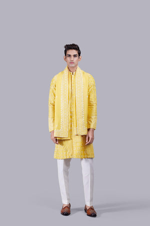 HAND PAINT YELLOW LINEN THREAD WORK KURTA SET