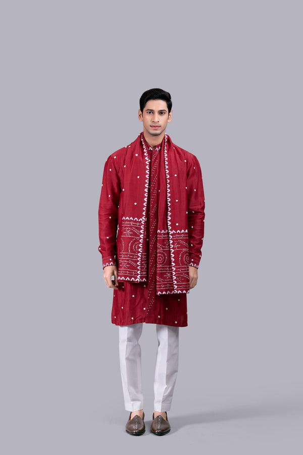 RED PURE LINEN SILK THREAD WORK KURTA SET