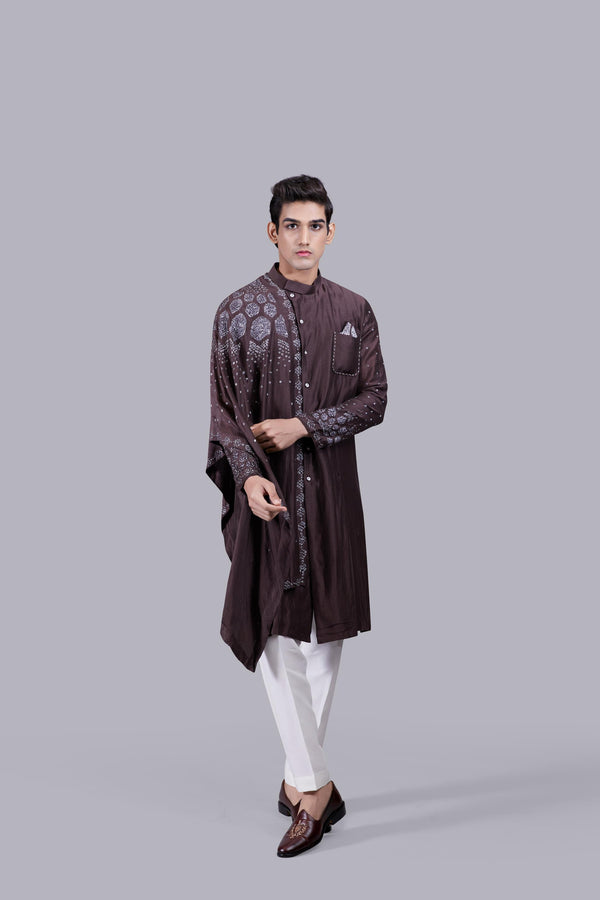 CHOCOLATE BROWN PURE LINEN SILK THREAD WORK KURTA SET