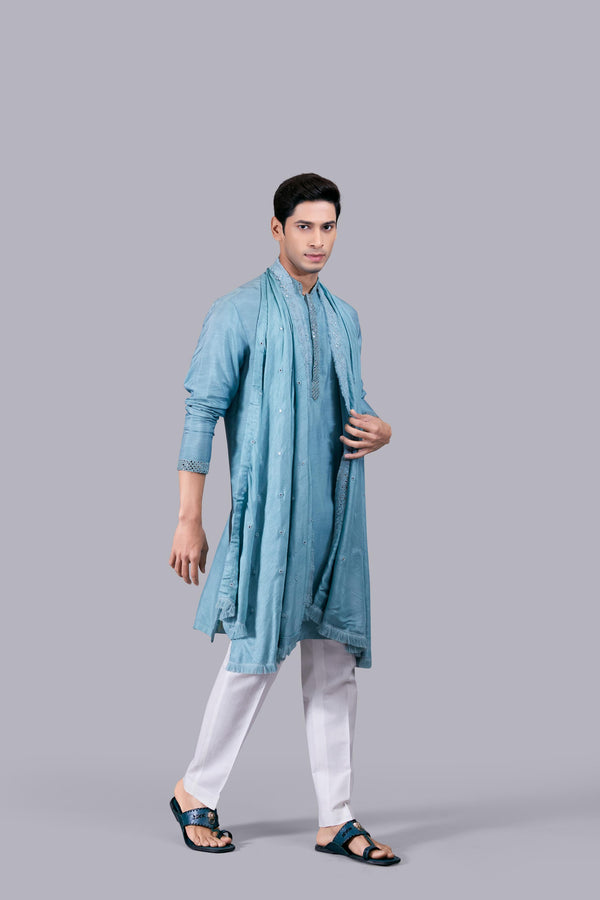 MINT BLUE PURE SILK THREAD WORK KURTA SET