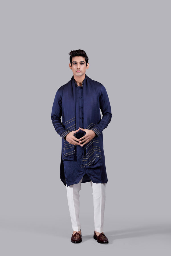 NAVY BLUE PURE SILK THREAD WORK KURTA SET