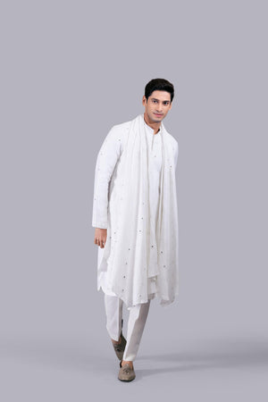 OFF WHITE PURE LINEN SILK THREAD WORK KURTA SET