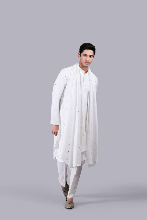 OFF WHITE PURE LINEN SILK THREAD WORK KURTA SET