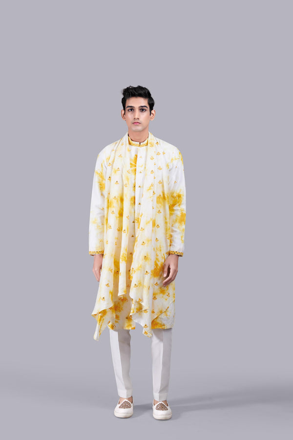 YELLOW PURE LINEN SILK THREAD WORK KURTA SET