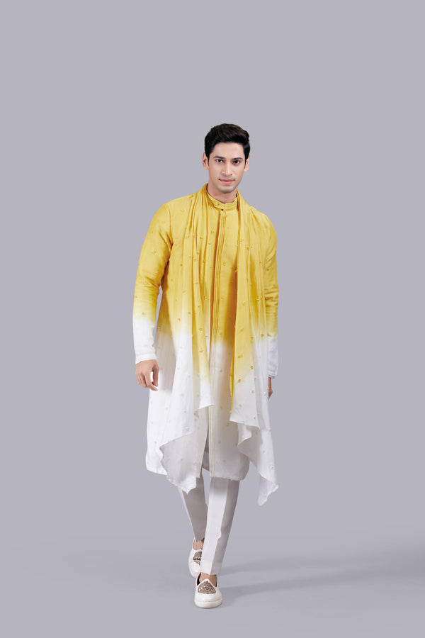 YELLOW PURE LINEN SILK THREAD WORK KURTA SET