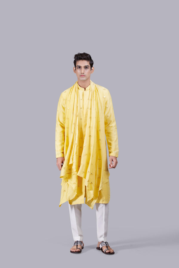 YELLOW PURE LINEN SILK THREAD WORK KURTA SET