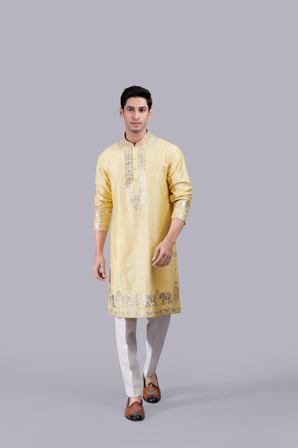 YELLOW SILK THREAD WORK KURTA SET