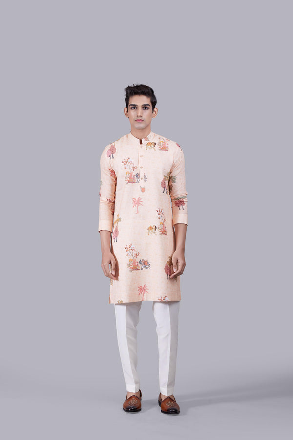 PEACH DIGITAL PRINT LINEN THREAD WORK KURTA SET