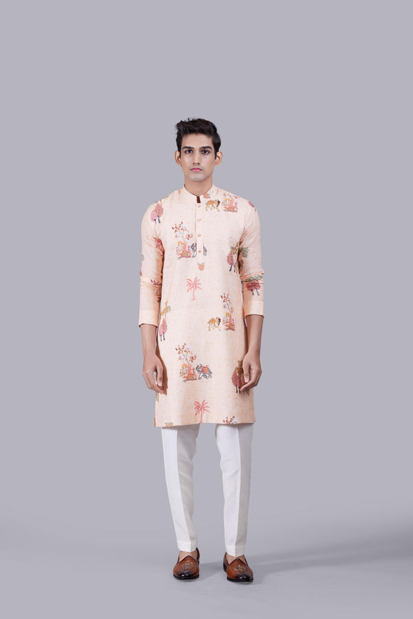 PEACH DIGITAL PRINT LINEN THREAD WORK KURTA SET