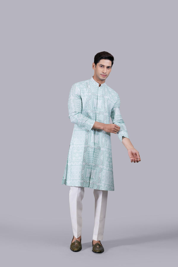 PISTA DIGITAL PRINT LINEN THREAD WORK KURTA SET