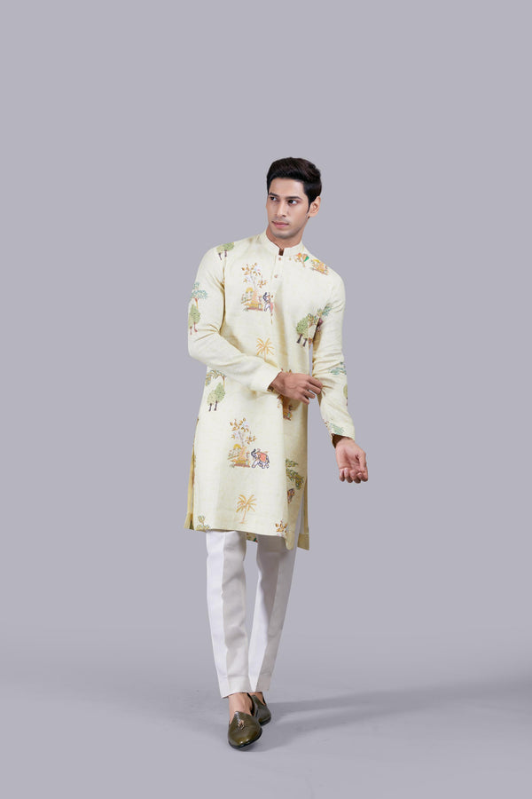 YELLOW DIGITAL PRINT LINEN THREAD WORK KURTA SET