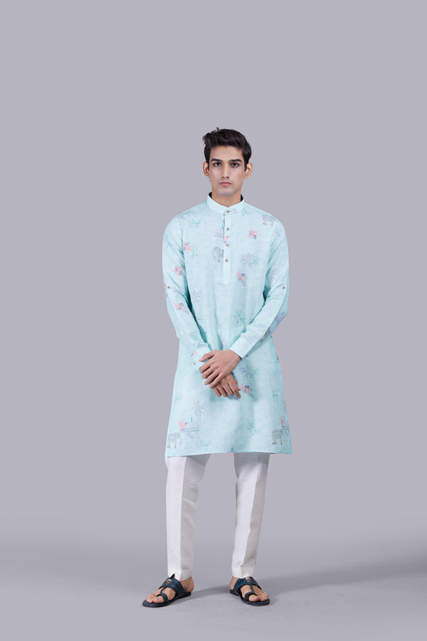 AQUA BLUE DIGITAL PRINT LINEN THREAD WORK KURTA SET