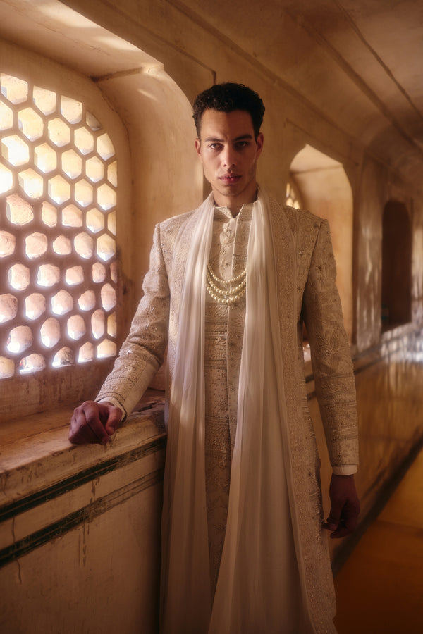 Off-White Pure Tissue Silk Pearl Cutdana Work Sherwani